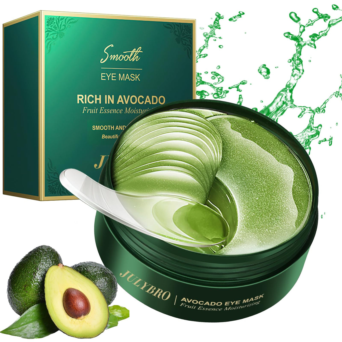 JULYBRO Avocado Vera under-eye patches in closeup for soothing hydration.