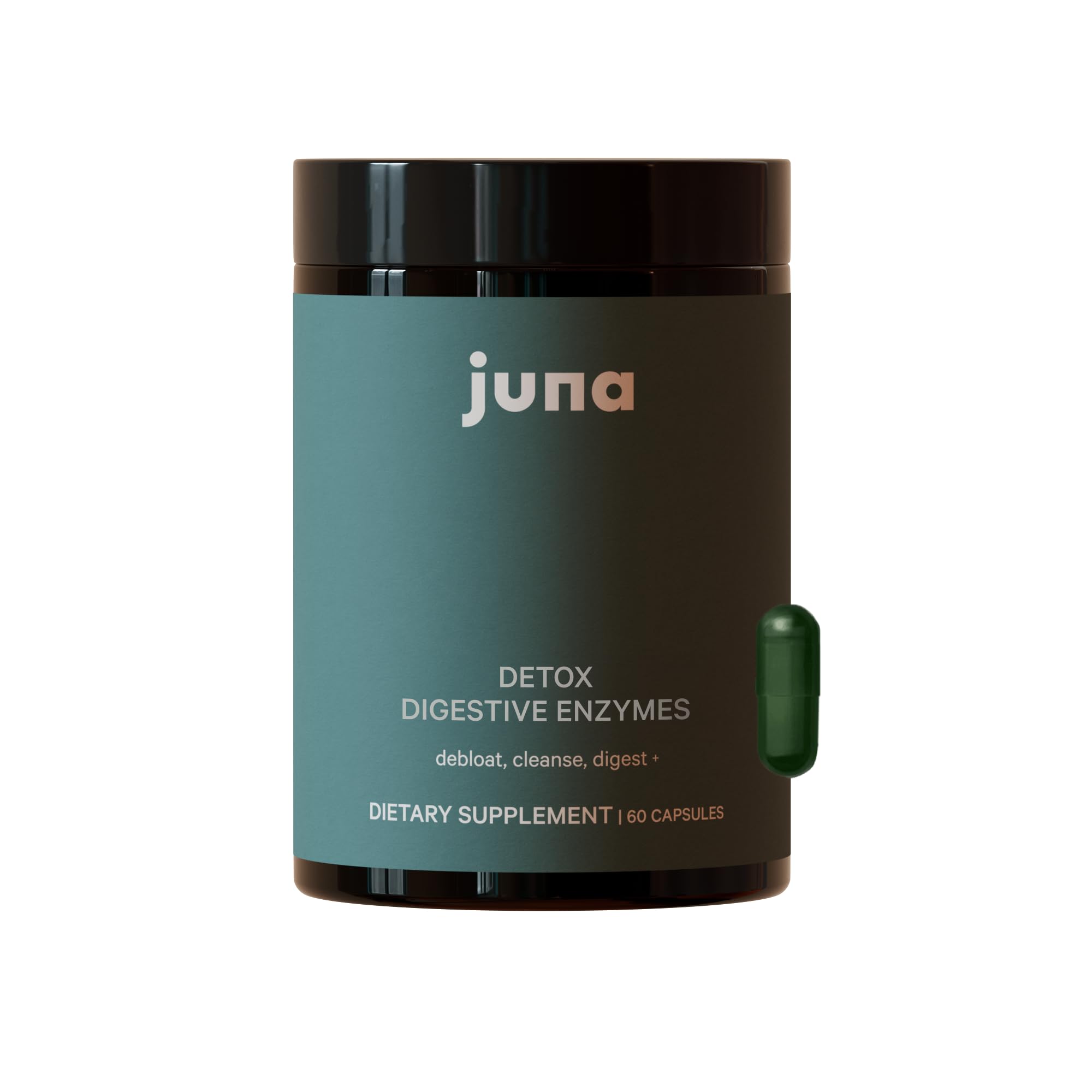 Juna Detox bottle displaying dual-action probiotic and digestive enzyme formula
