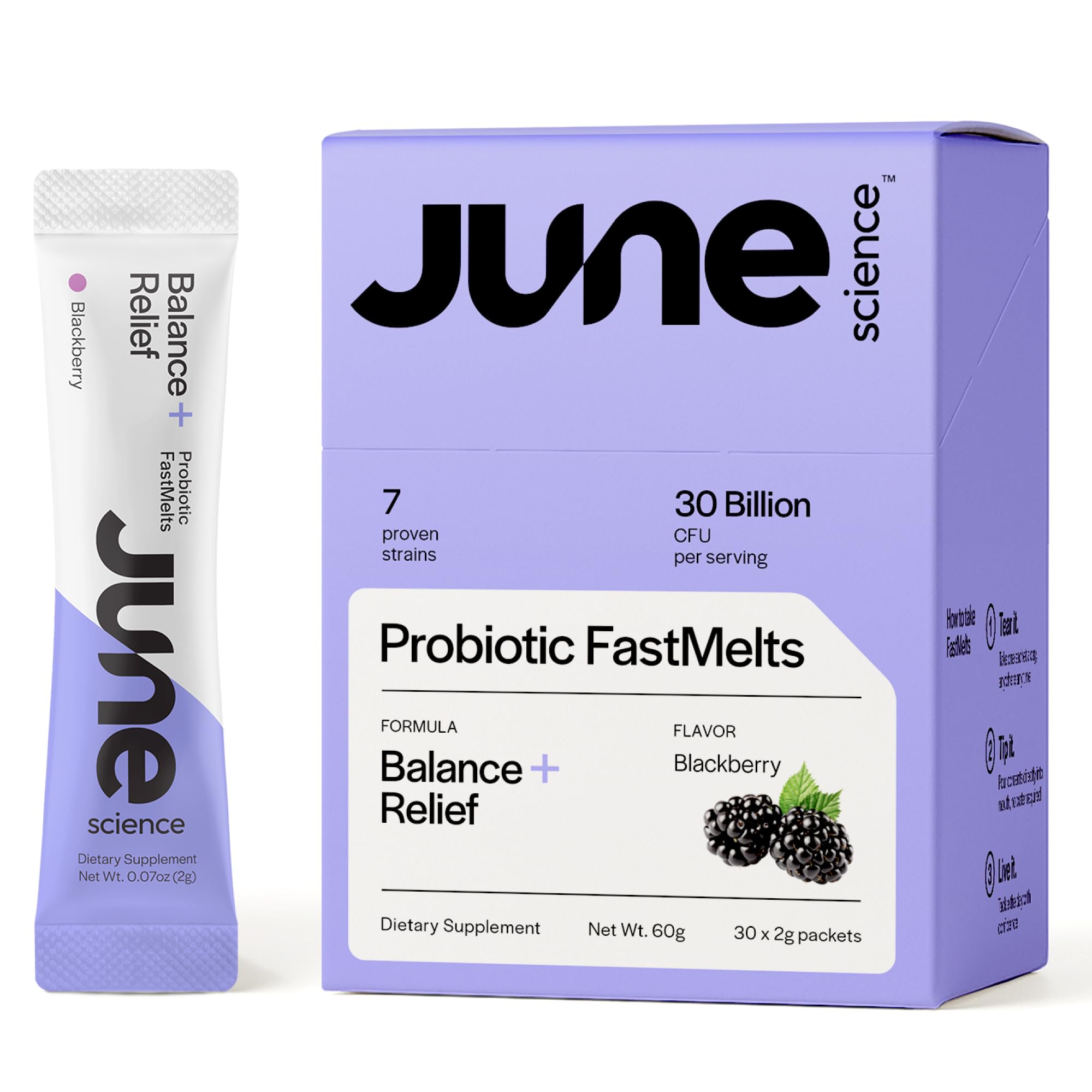Front view of June Science Balance + Relief packaging in blackberry flavor