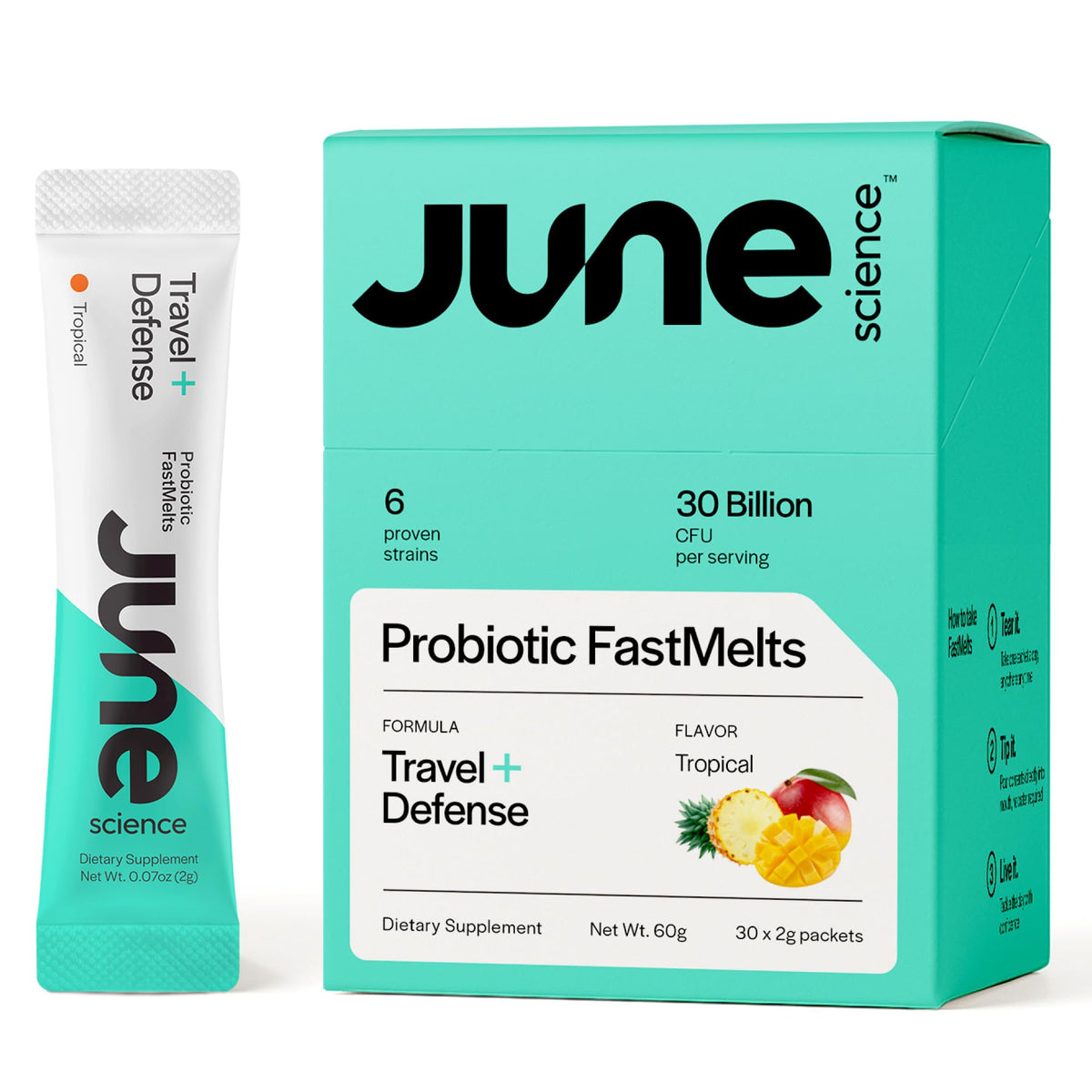 Product box for June Science Travel + Defense with tropical flavor sachets