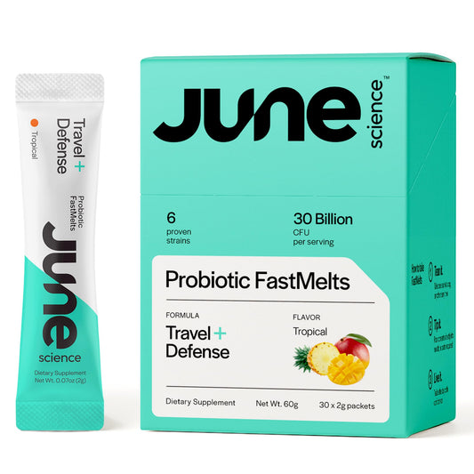 Product box for June Science Travel + Defense with tropical flavor sachets