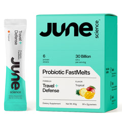 Product box for June Science Travel + Defense with tropical flavor sachets