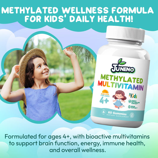 Juneno Methylated Multivitamin Gummies for Kids bottle label showing MTHFR support