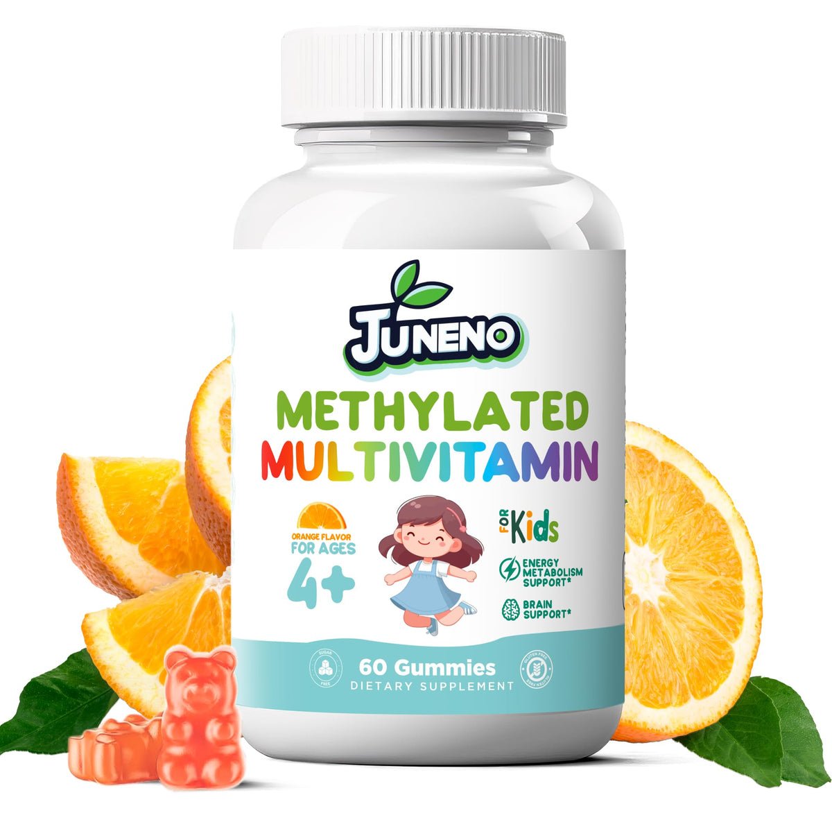 Front view of Juneno Methylated Multivitamin Gummies for Kids bottle with 60 gummies