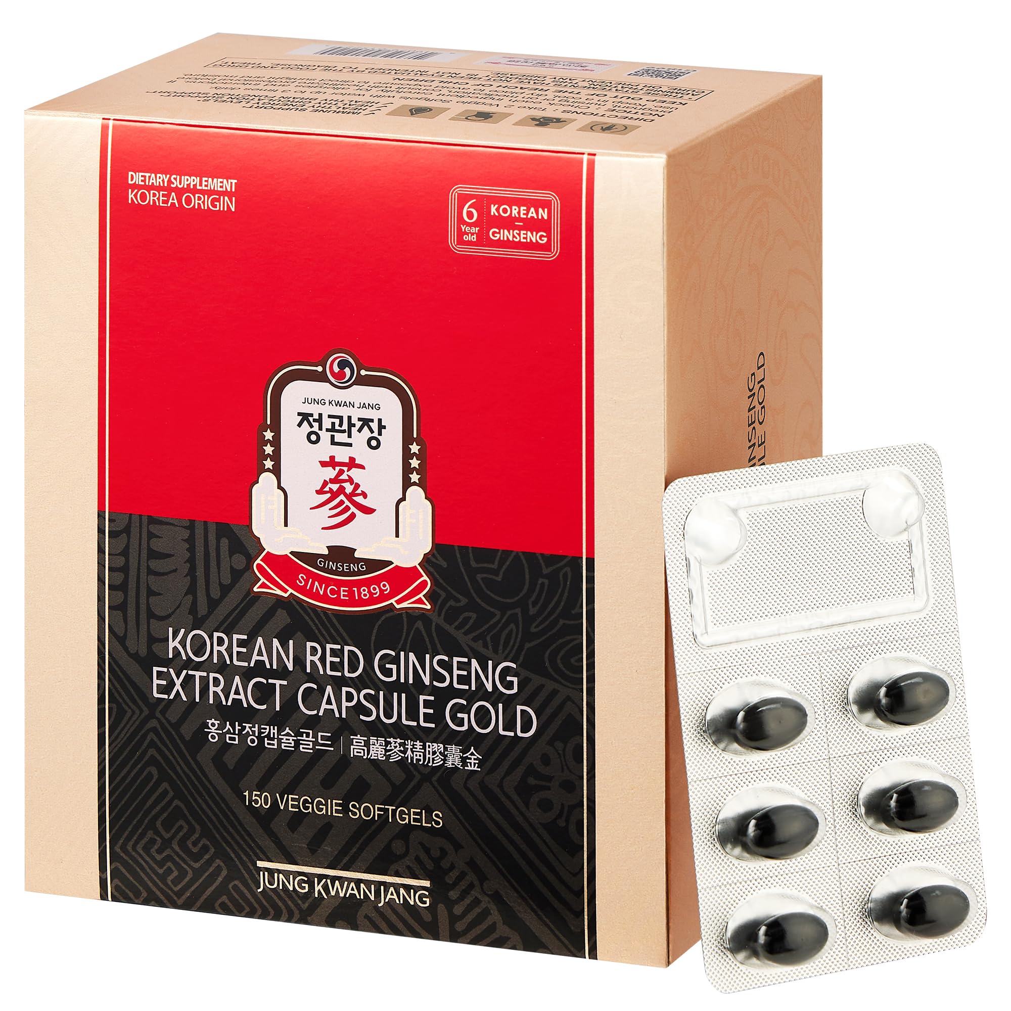 Jung Kwan Jang Korean Red Ginseng extract capsules in a gold bottle for steady energy and focus