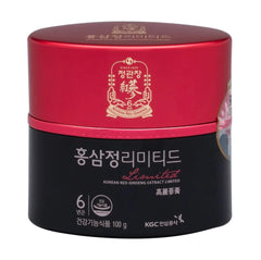 Jung Kwan Jang Korean Red Ginseng Extract jar shows 100g packaging for energy support.