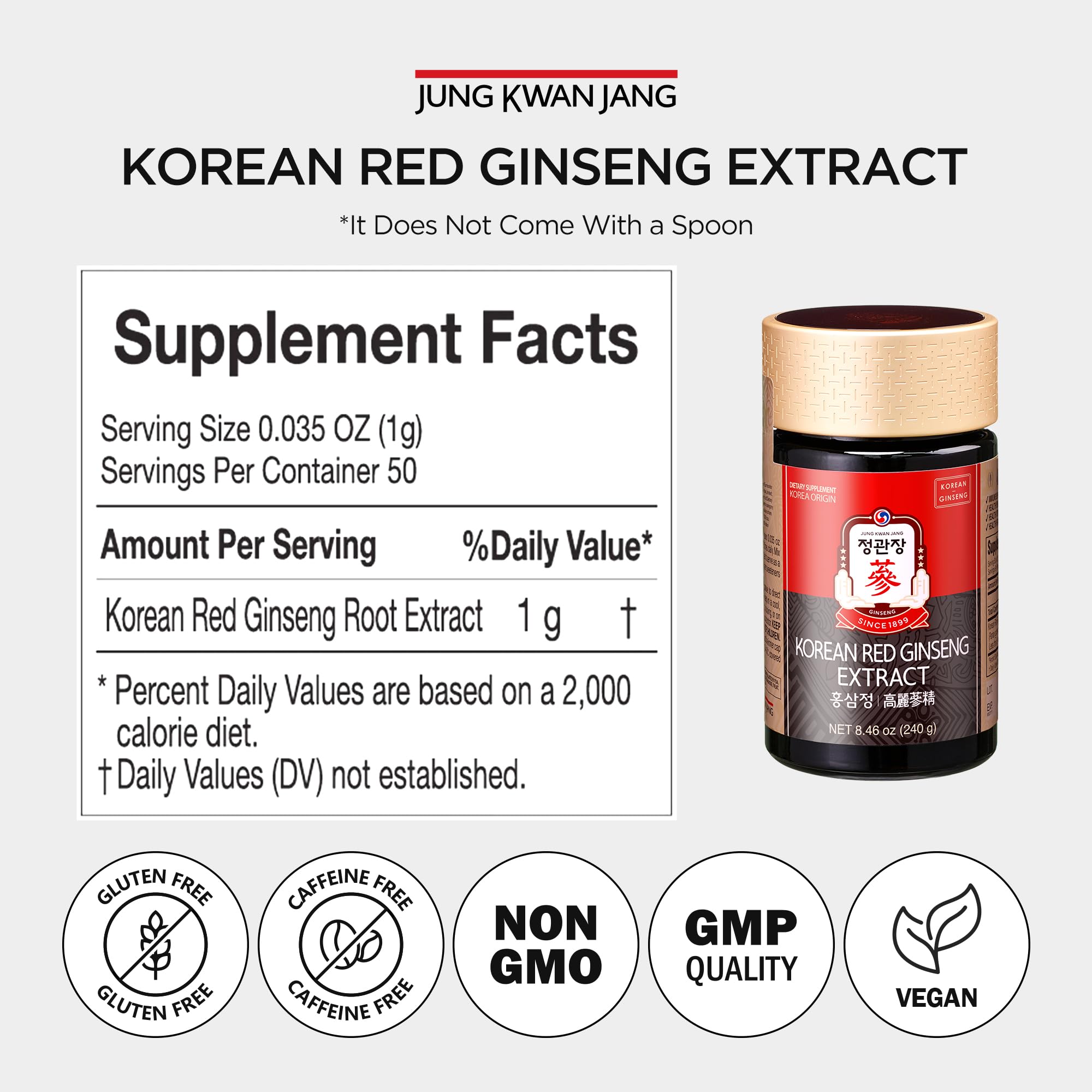 Jung Kwan Jang packaging box highlighting brand legacy and vegan-friendly claim