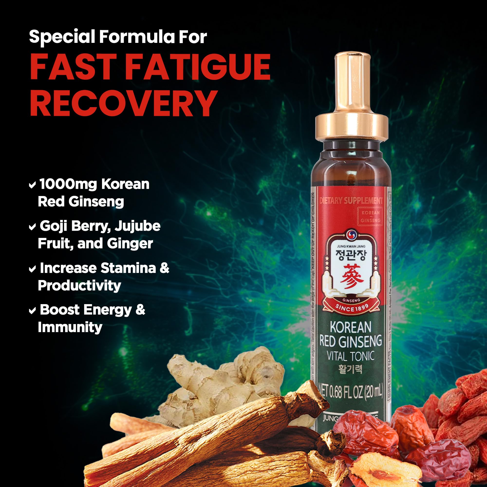 Close-up of Korean Red Ginseng roots with goji berries and ginger