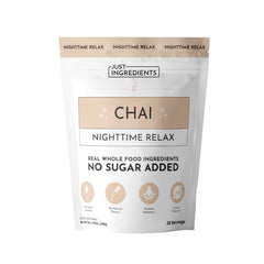 Just Ingredients Chai Nighttime Relax bottle showing a sugar-free calming routine.