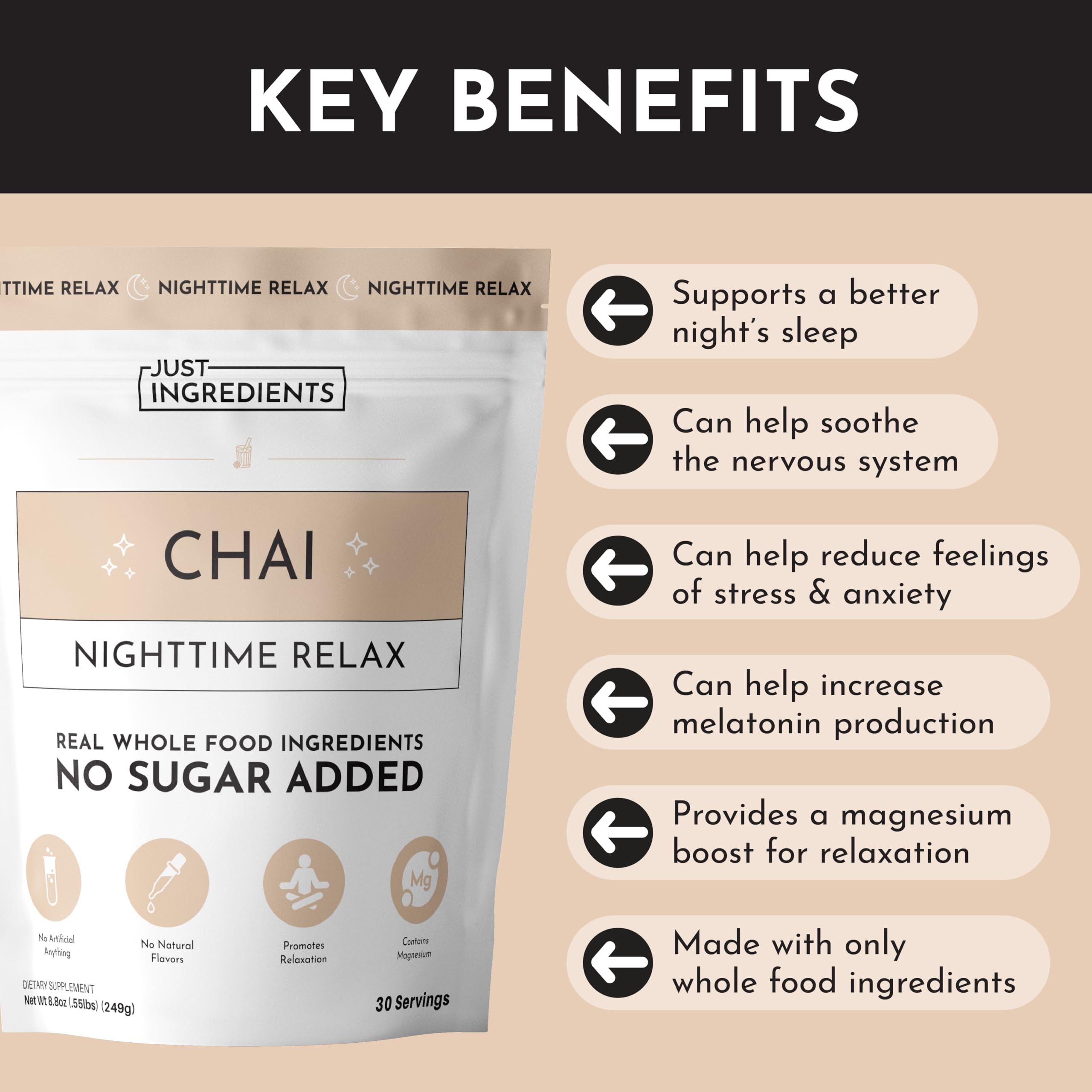 Just Ingredients Chai Nighttime Relax ginger-clove-cardamom highlights authentic chai aroma.