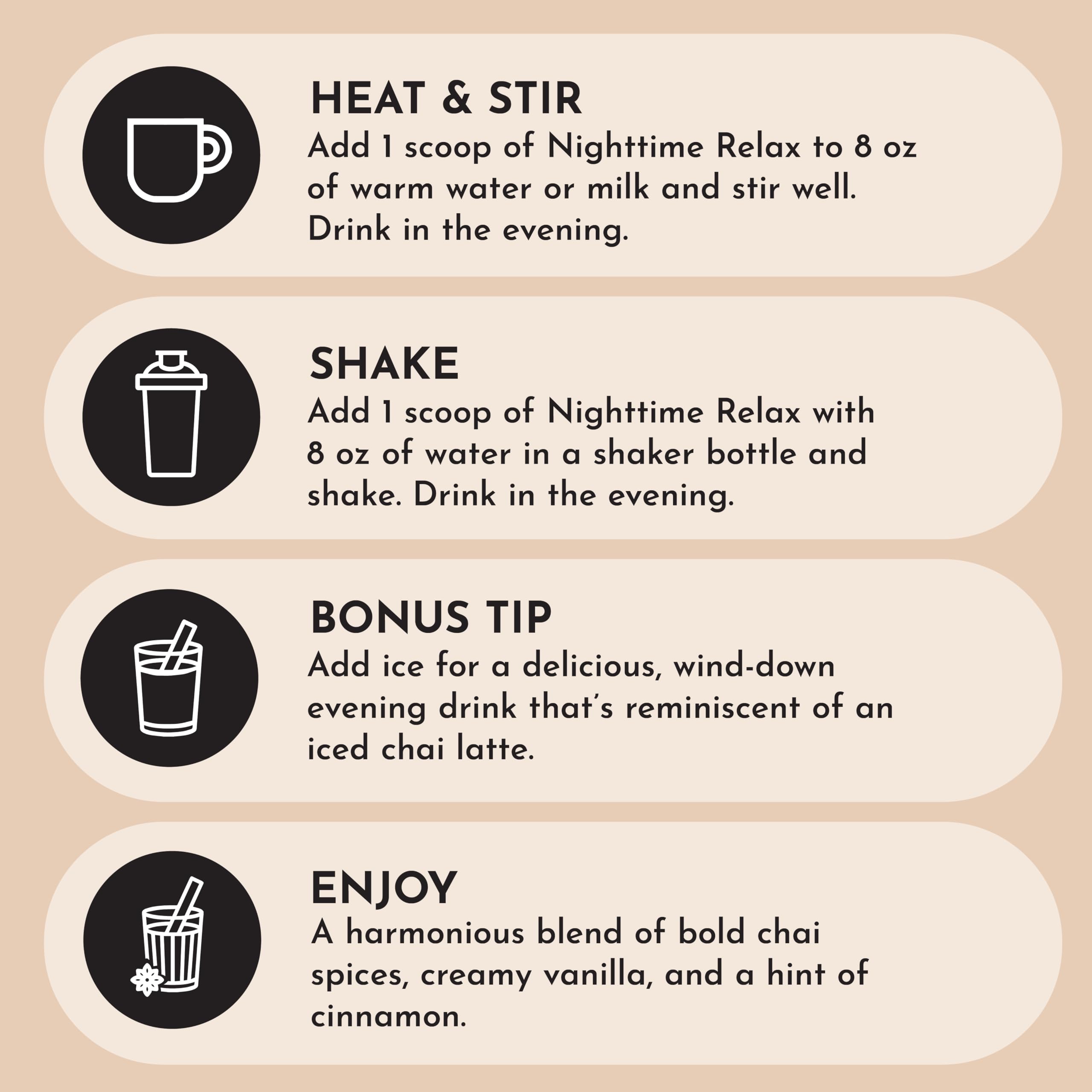Just Ingredients Chai Nighttime Relax scoop for easy nightly measurement.