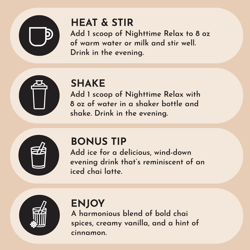 Just Ingredients Chai Nighttime Relax scoop for easy nightly measurement.