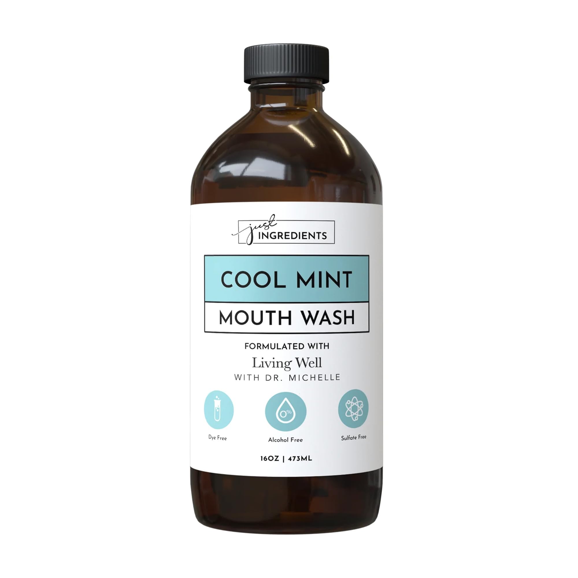 Just Ingredients Cool Mint Remineralizing Mouthwash bottle with hydroxyapatite and colloidal silver, fluoride-free and alcohol-free.