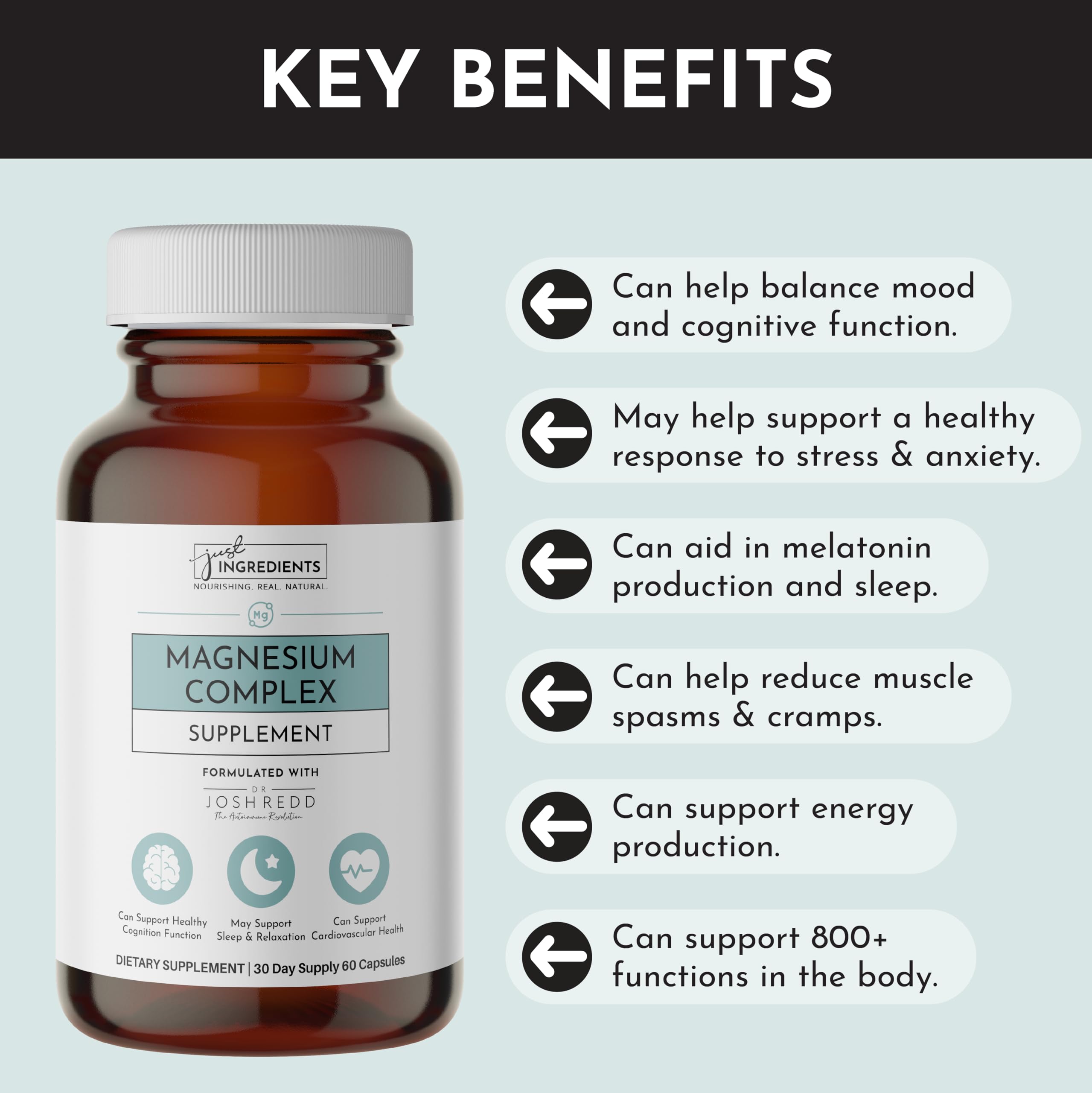 Just Ingredients Magnesium Complex label highlights Aquamin minerals for balance