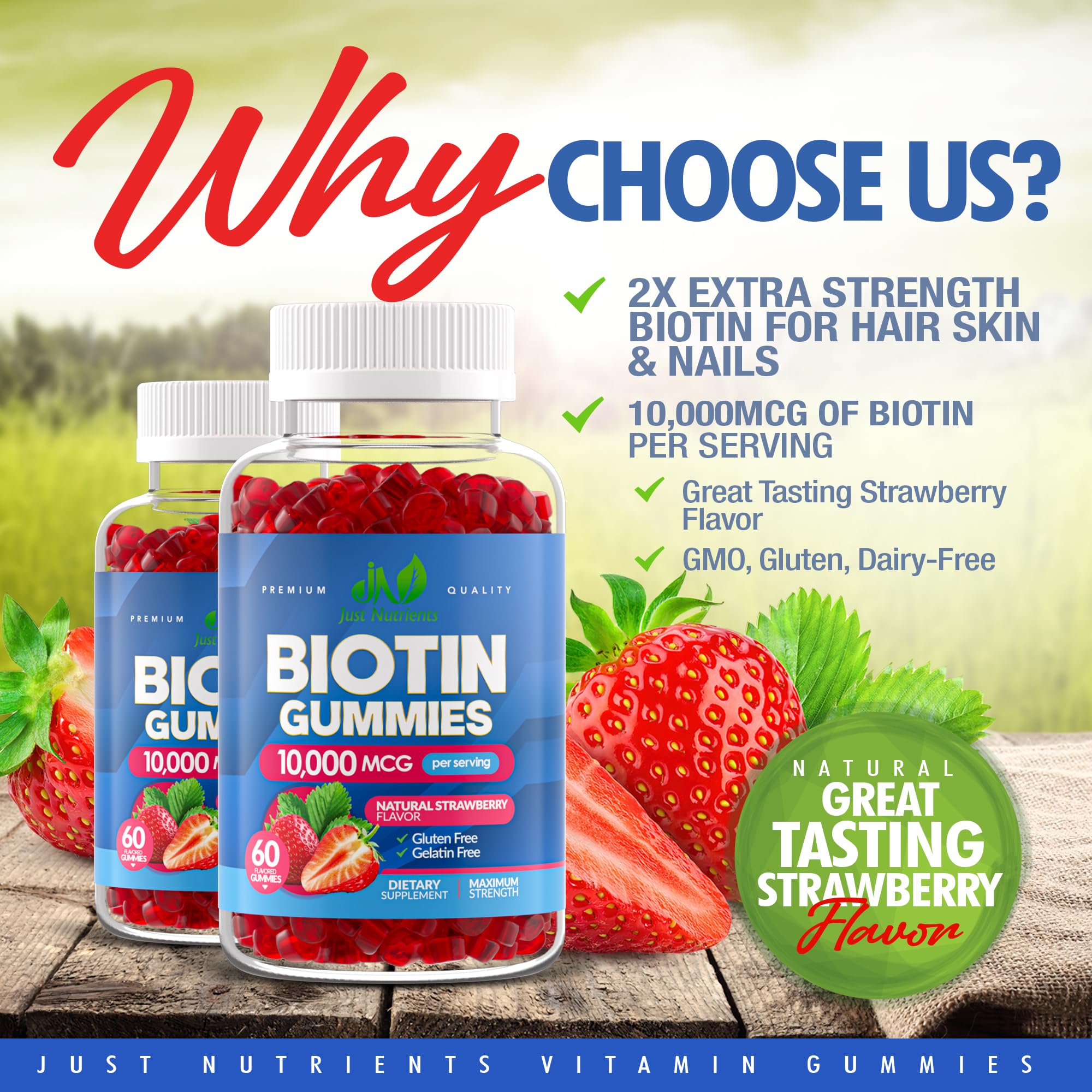 Back view of Just Nutrients Biotin 10,000mcg Gummies bottle with nutrition details