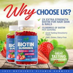 Back view of Just Nutrients Biotin 10,000mcg Gummies bottle with nutrition details