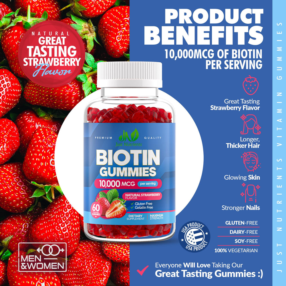 Product label for Just Nutrients Biotin 10,000mcg Gummies