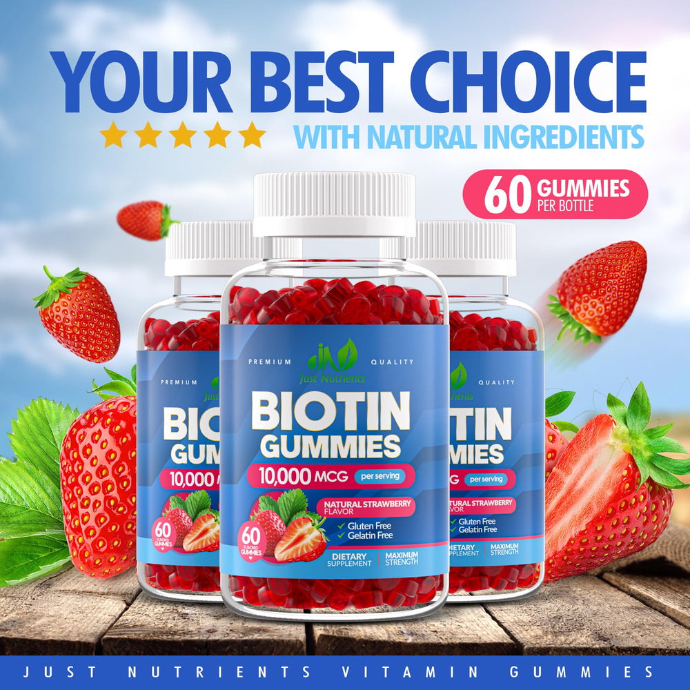Packaging shot of Just Nutrients Biotin 10,000mcg Gummies