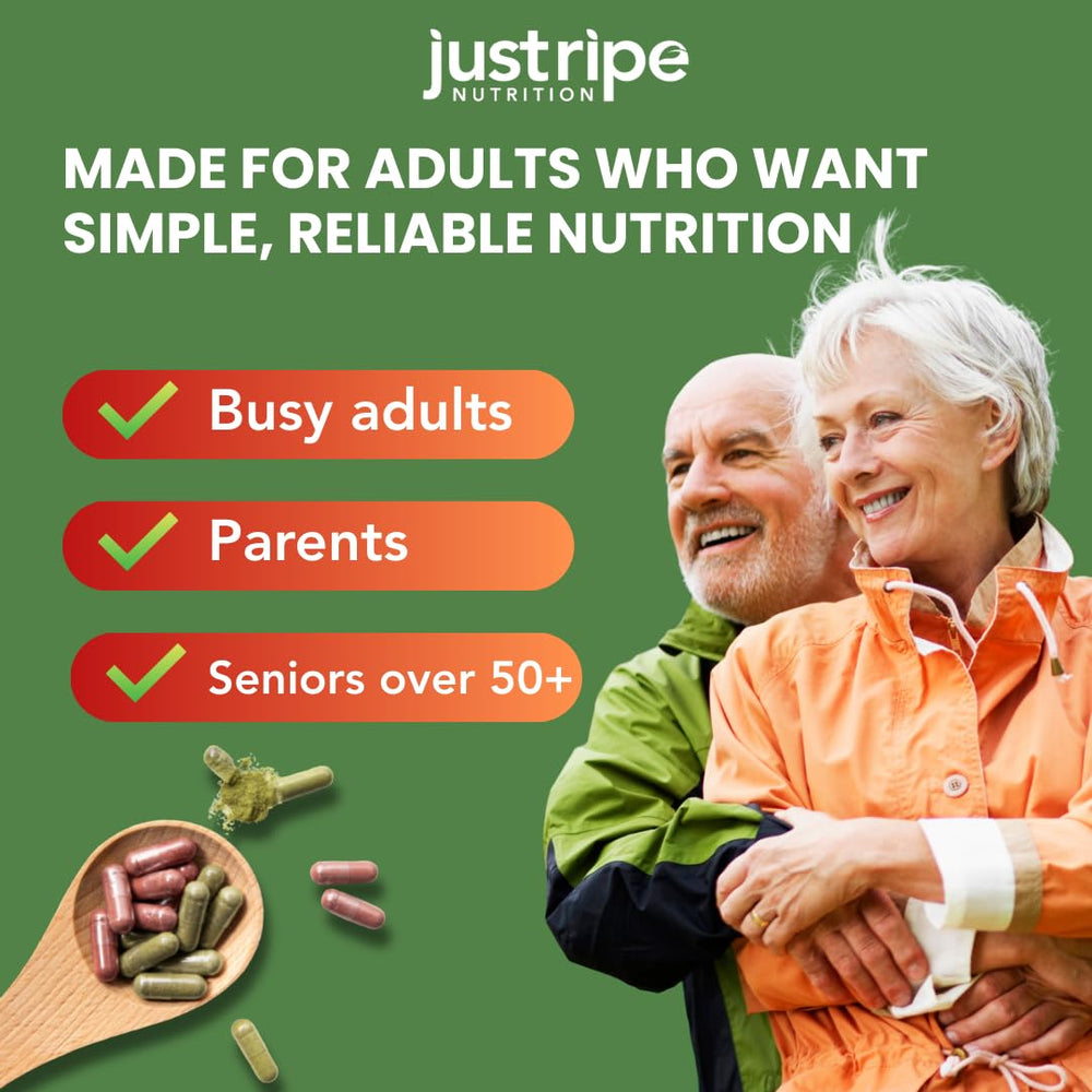 Just Ripe Nutrition bottle label emphasizes vegan, non-GMO whole-food blend.