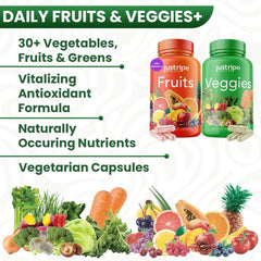 Green and red capsules representing fruit and veggie blends