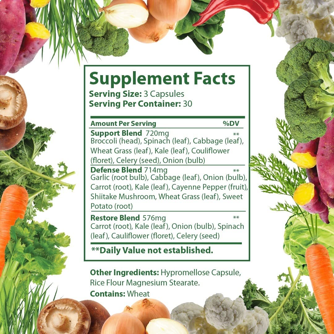 Fresh fruits and vegetables next to the supplement bottle