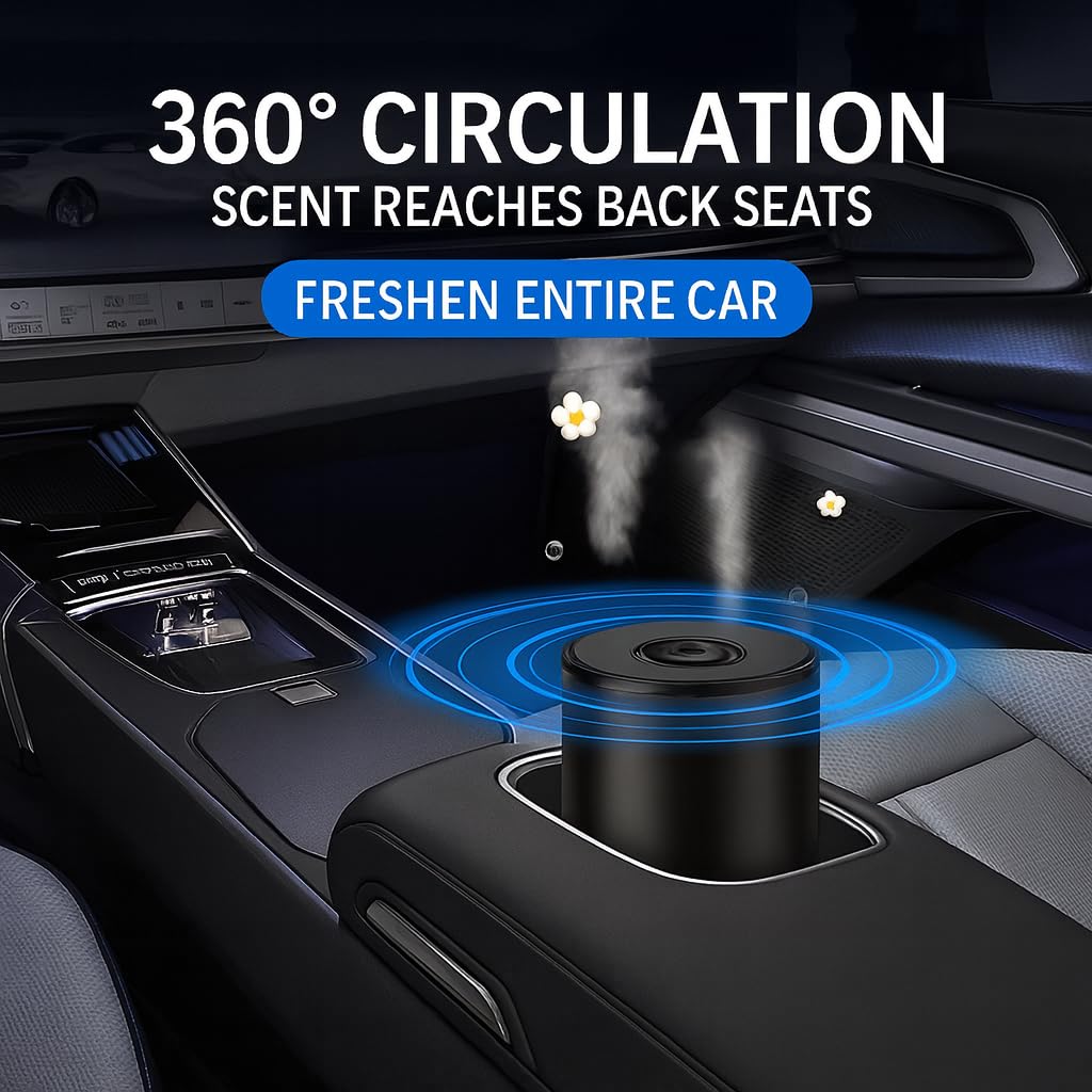 JustBloom diffuser car-desk setup demonstrates dual-use design for home or commute.