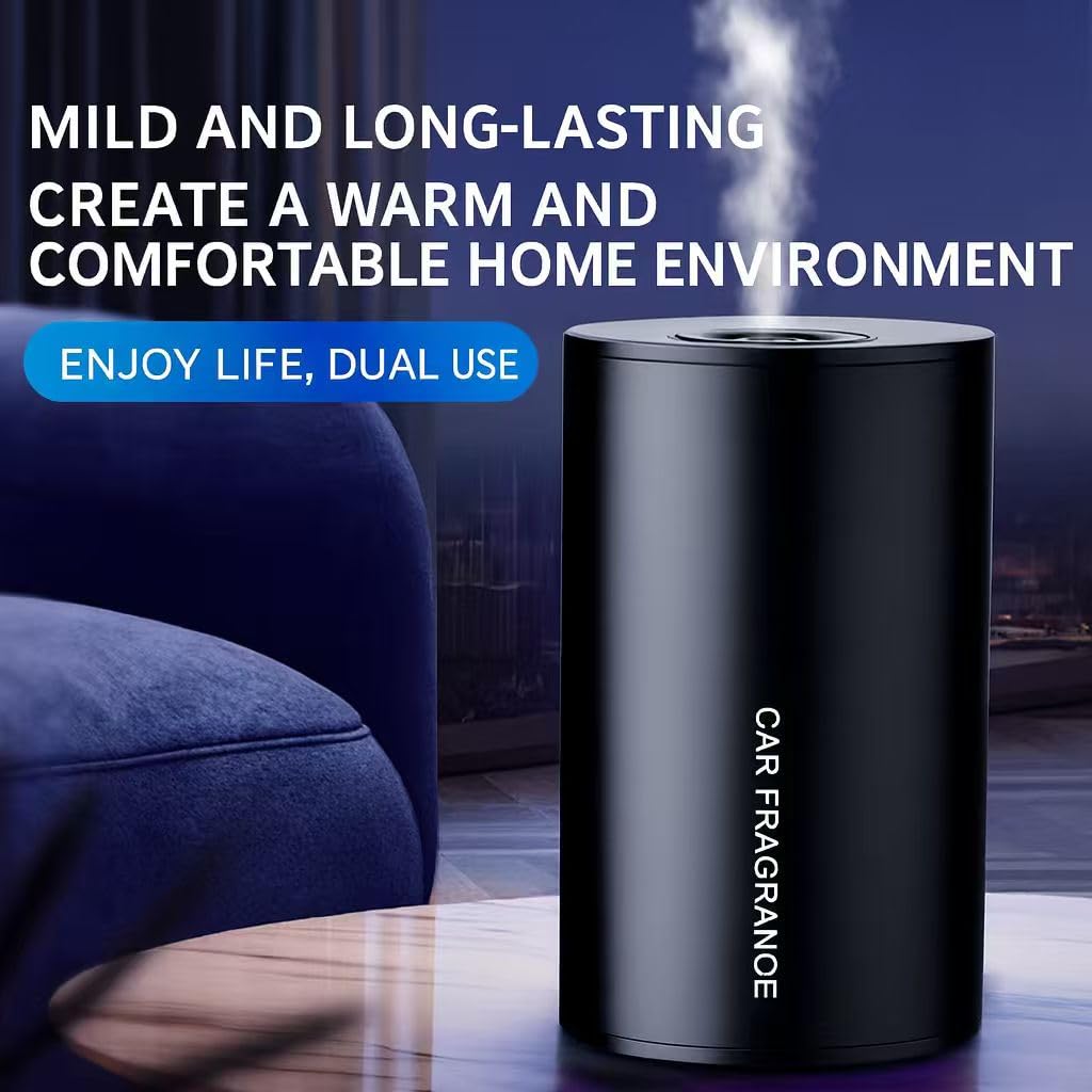 JustBloom essential car diffuser side-mist view shows quiet performance for home or office.