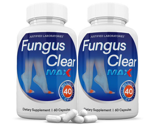 Front view of Justified Laboratories Fungus Clear Max Probiotic bottle with 60 capsules