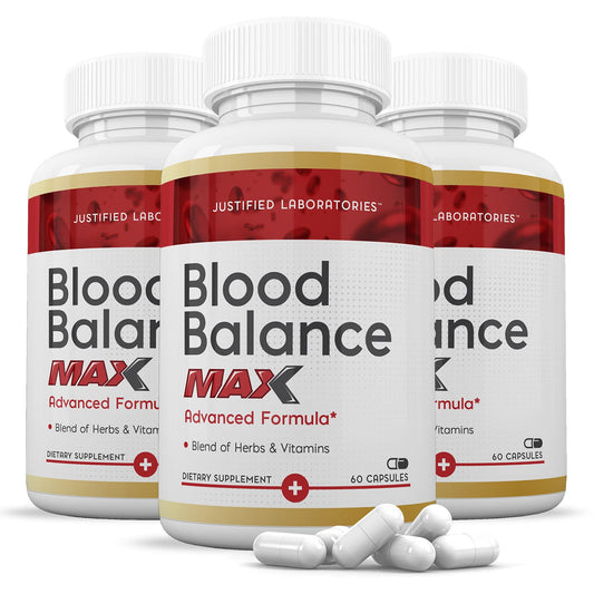 Front view of Justified Laboratories Blood Balance Max 1295MG 3-Pack bottle
