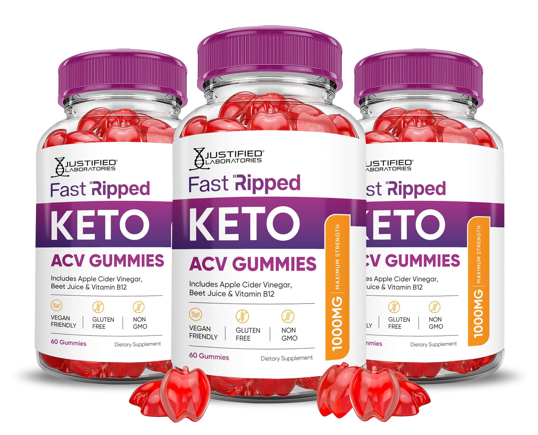 Justified Laboratories Keto Rush ACV Gummies 3 Pack bottle and packaging