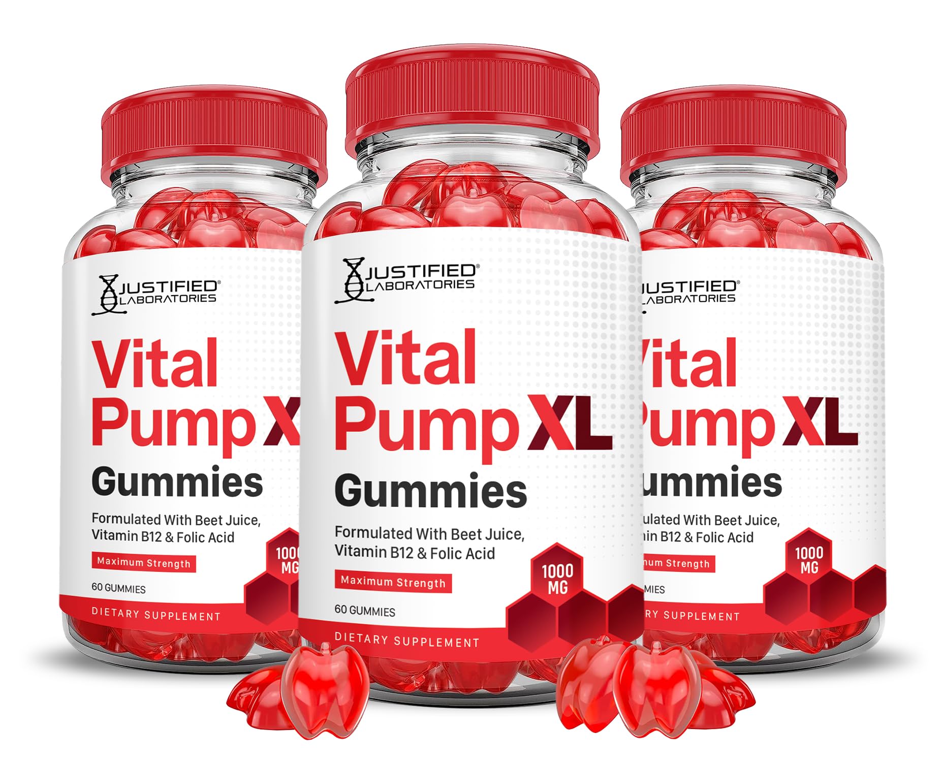 Front pack shot of Justified Laboratories Vital Pump XL 3-Pack Gummies