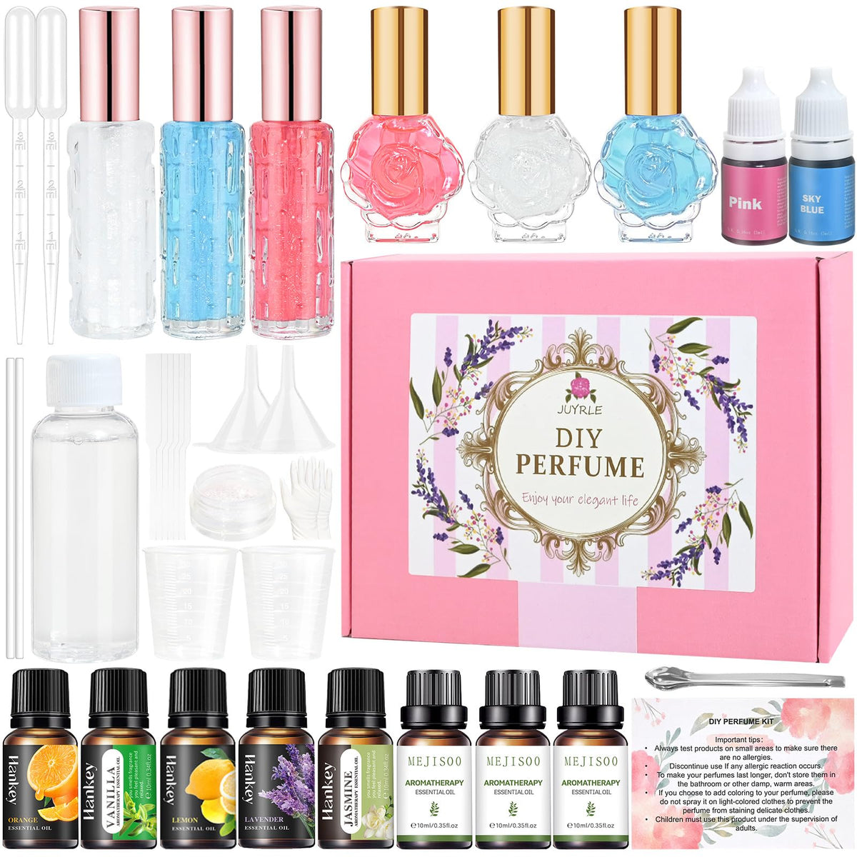 JUYRLE perfume making kit contents laid out in a box