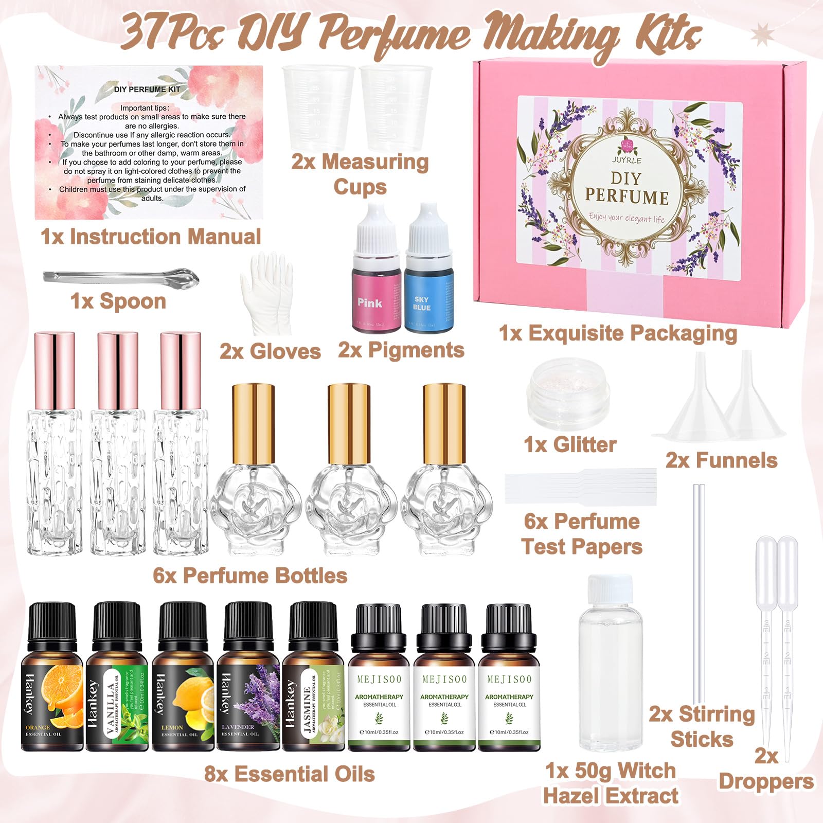 Assorted essential oils and pigments from JUYRLE kit