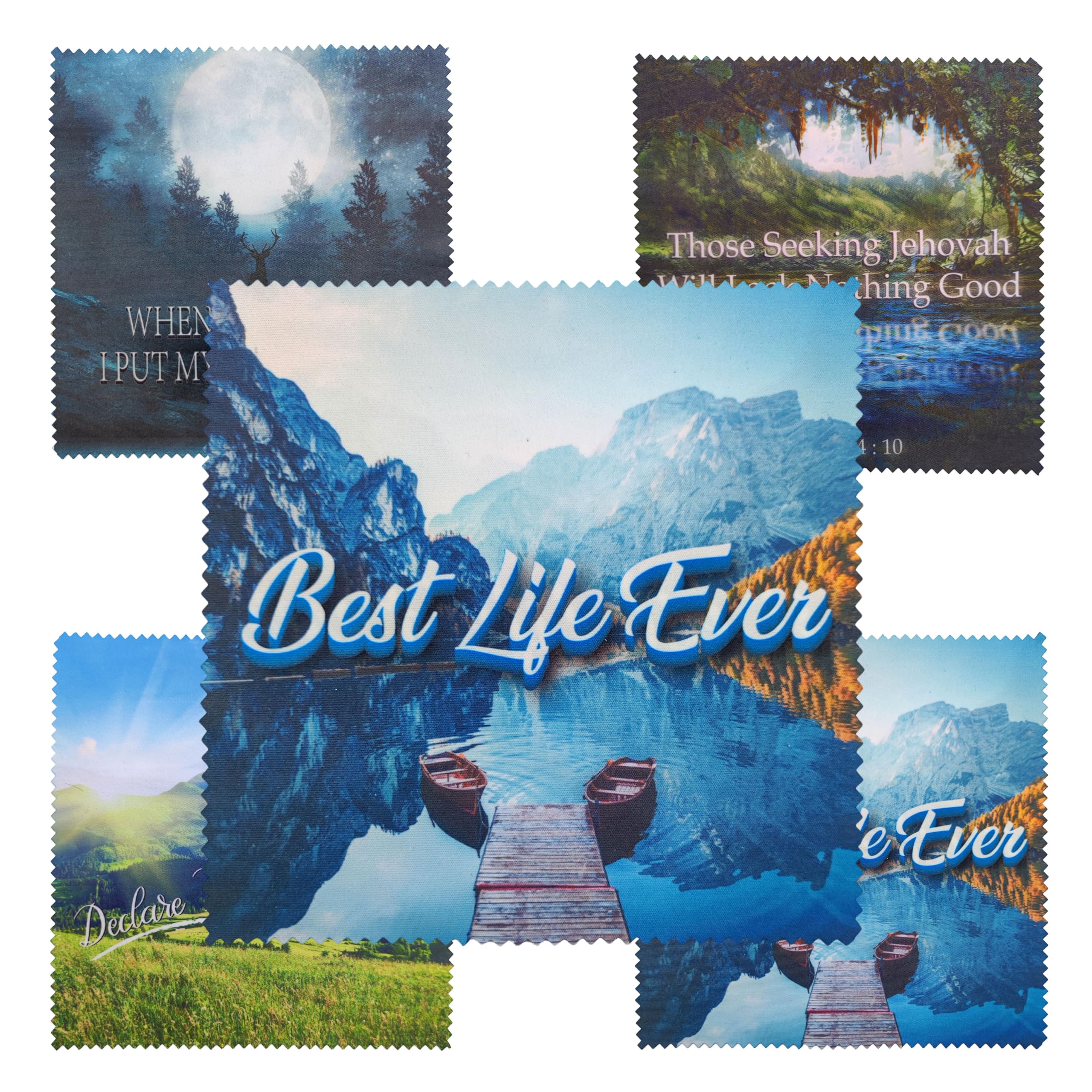Front view of JW Community microfiber cloths pack with double-sided print
