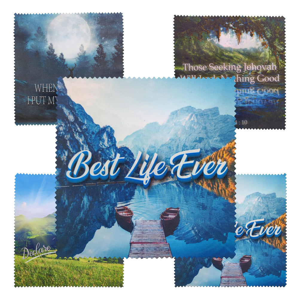 Front view of JW Community microfiber cloths pack with double-sided print