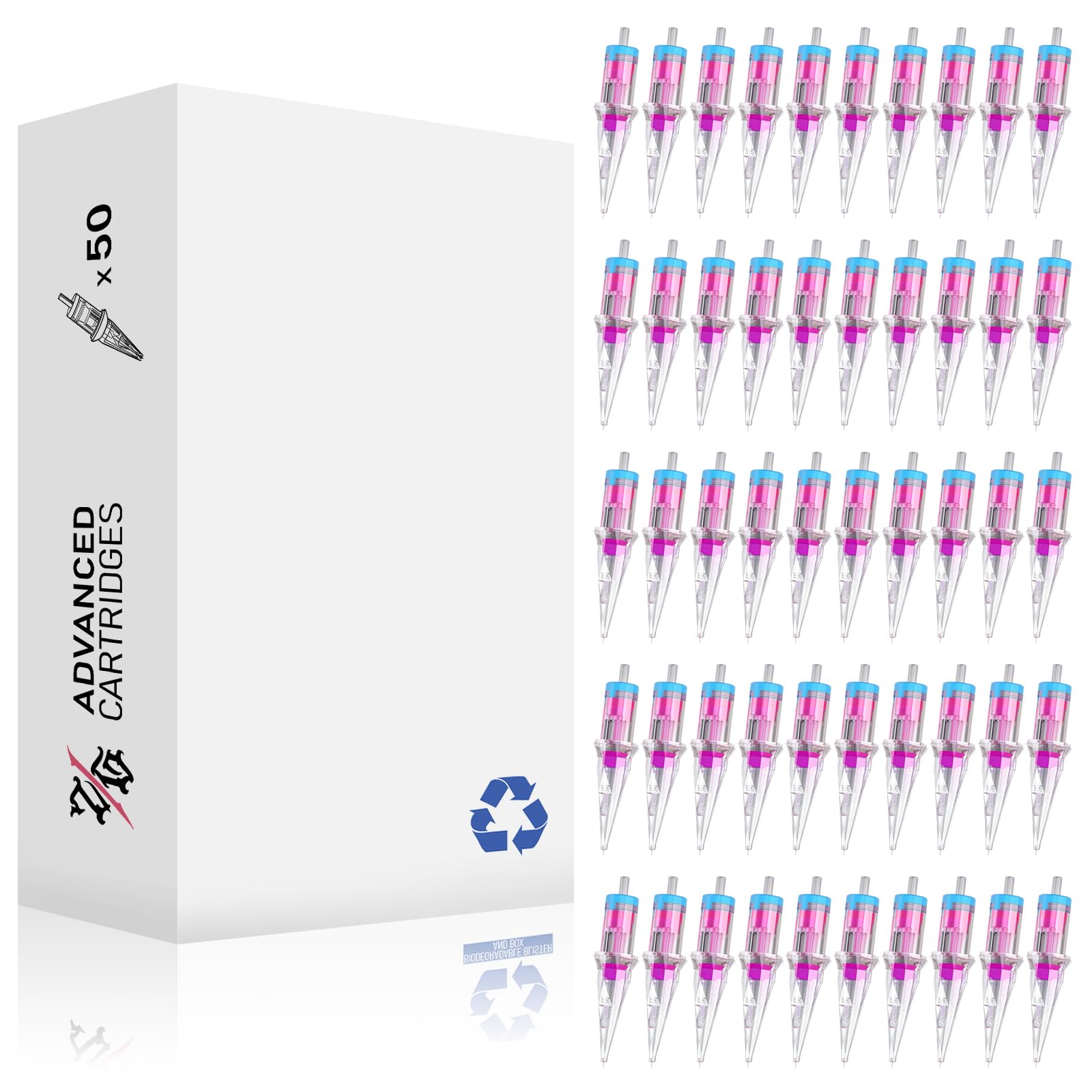 JZsmpmu 50-piece cartridge needle set in mixed RL sizes for versatile line work.