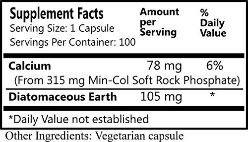 K-Min bottle label indicating 315 mg Min-Col and 105 mg diatomaceous earth