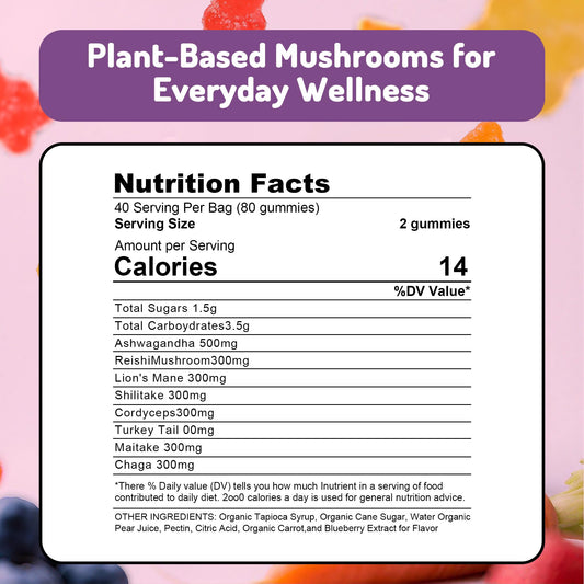 KAACHLI Ashwagandha and Mushroom Gummies back label with nutrition facts