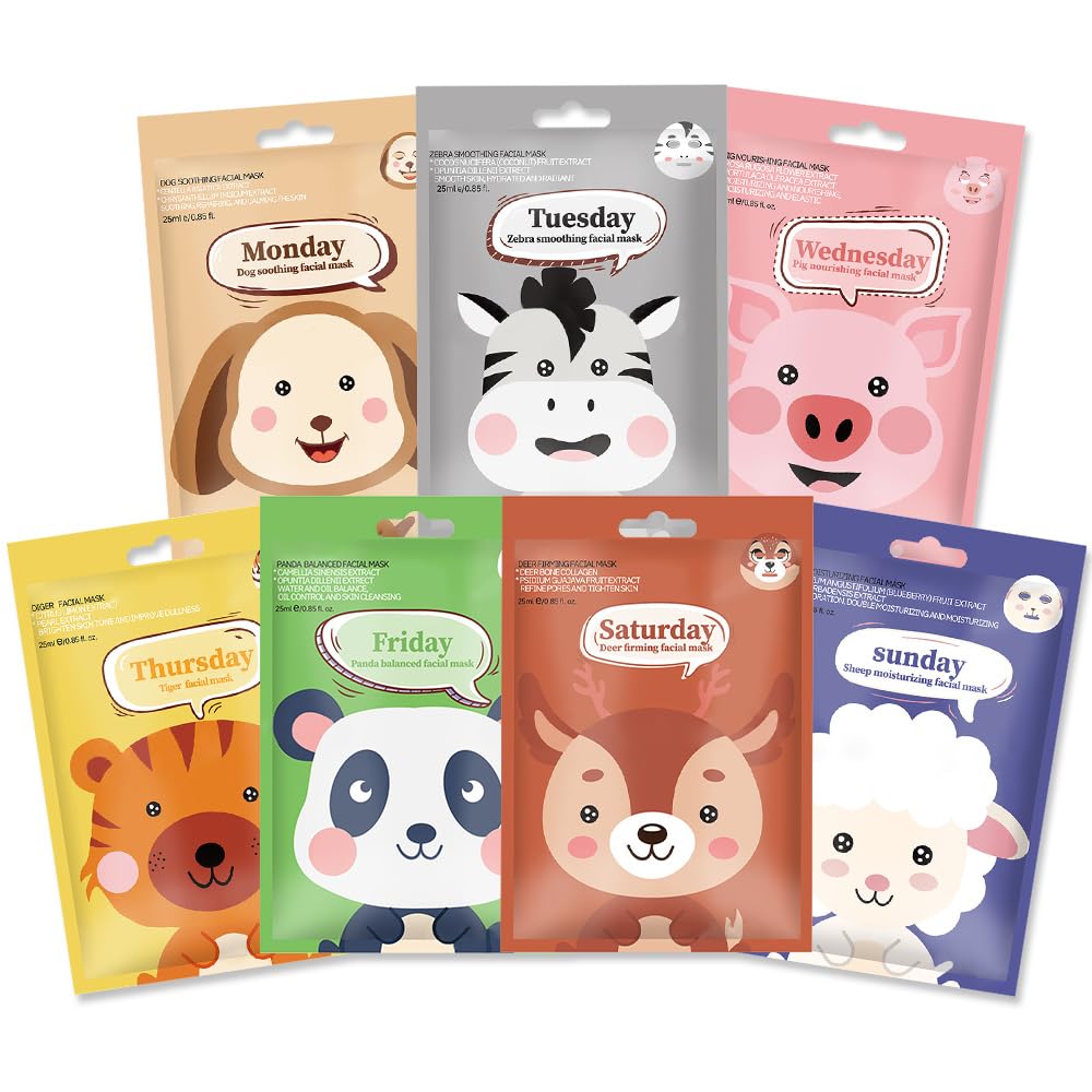 Kaely 7-pack kids face masks spa: colorful animal designs for a fun skincare routine.