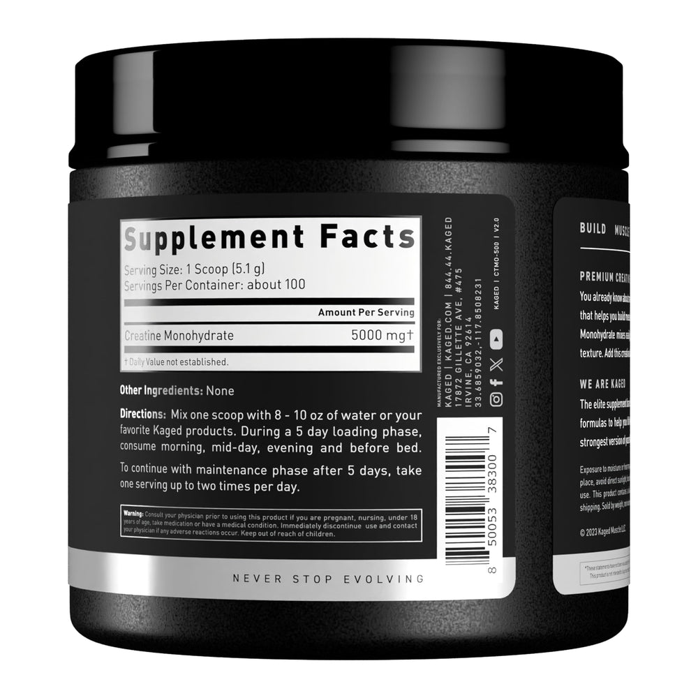 Packaging close-up of Kaged Creatine Monohydrate Micronized Powder, unflavored
