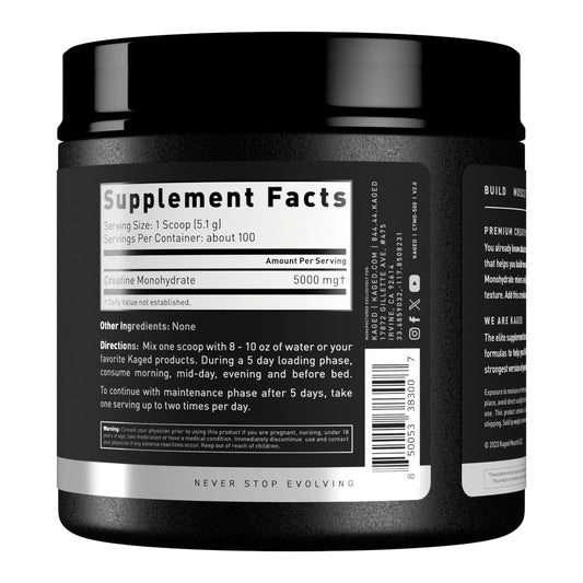 Packaging close-up of Kaged Creatine Monohydrate Micronized Powder, unflavored