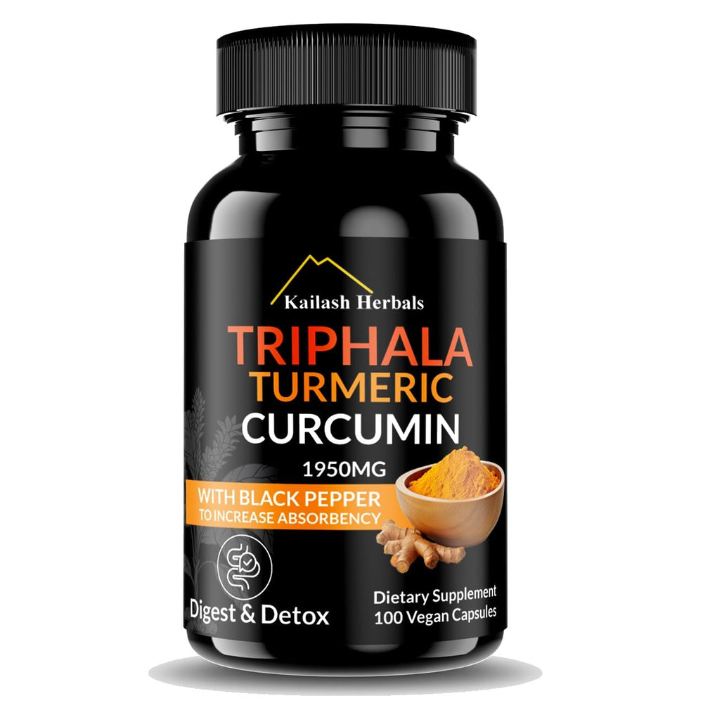 Kailash Herbals Triphala Turmeric Curcumin 1950mg bottle and label