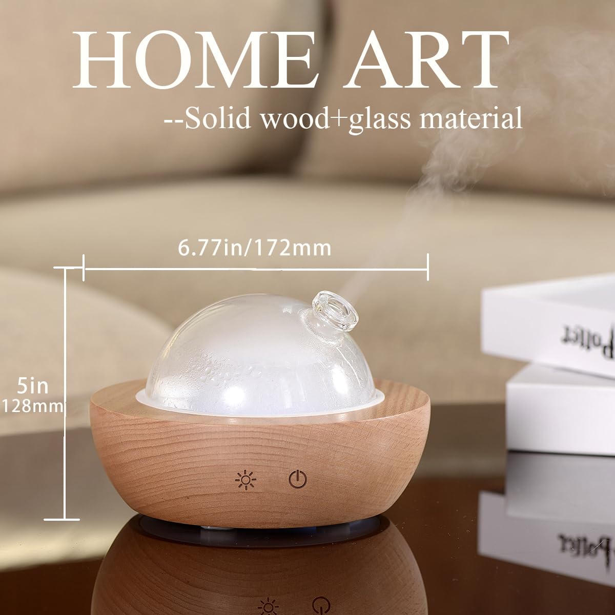 Close-up of the wood base and hand-blown glass cover of the Kakoda diffuser.