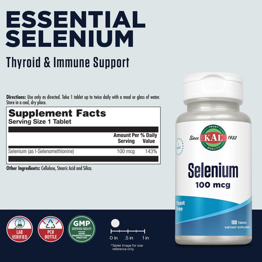Kal 100 mcg Selenium Yeast Free Tablets bottle back label