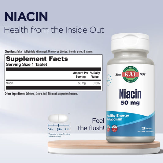 Kal 50 mg Niacin tablets 200 count bottle with label