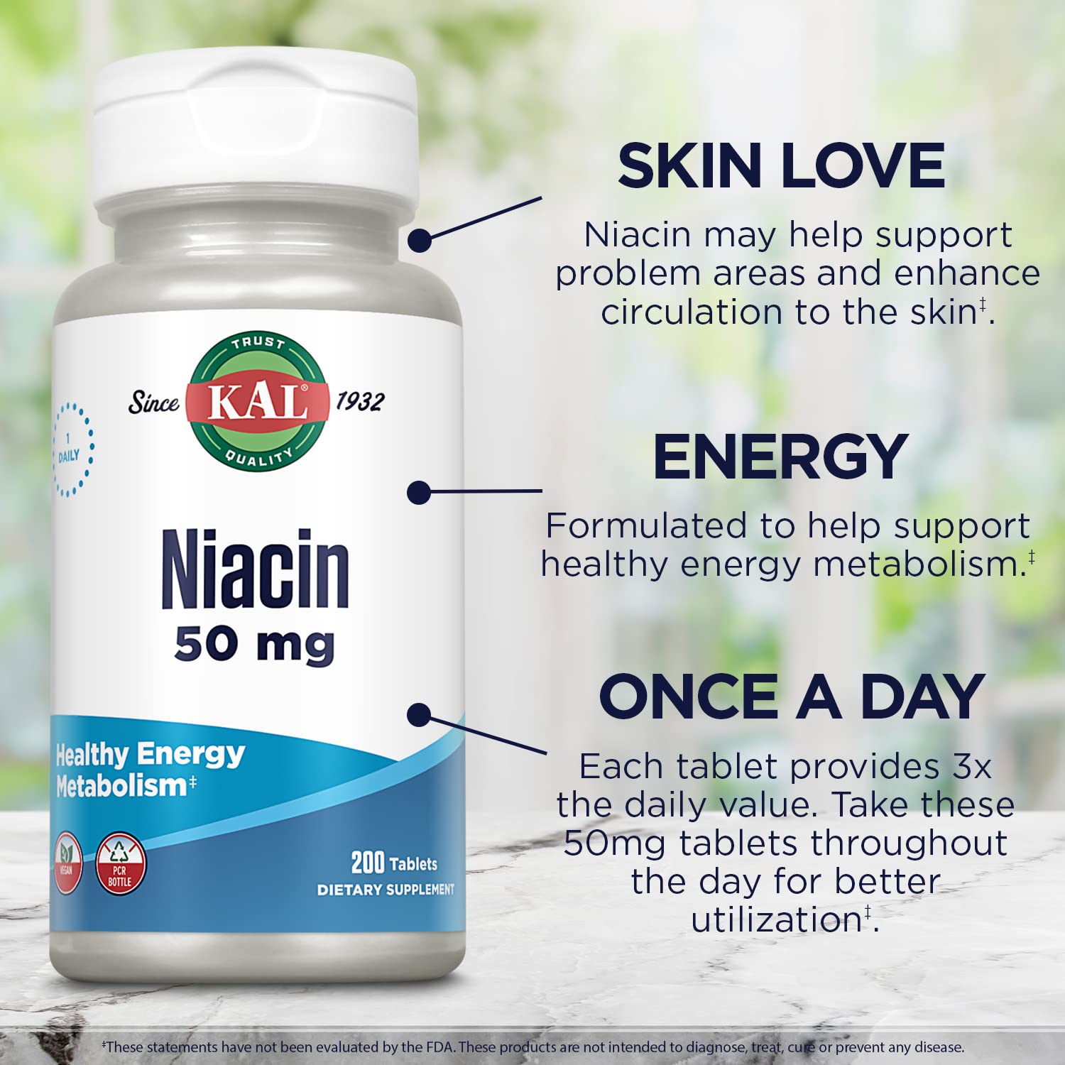 Kal Niacin 50 mg packaging in PCR recycled bottle