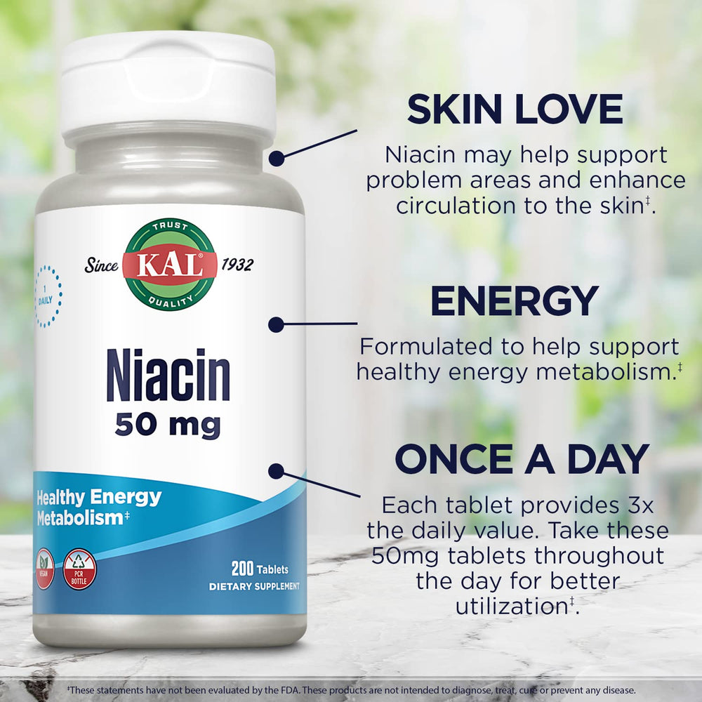 Kal Niacin 50 mg packaging in PCR recycled bottle