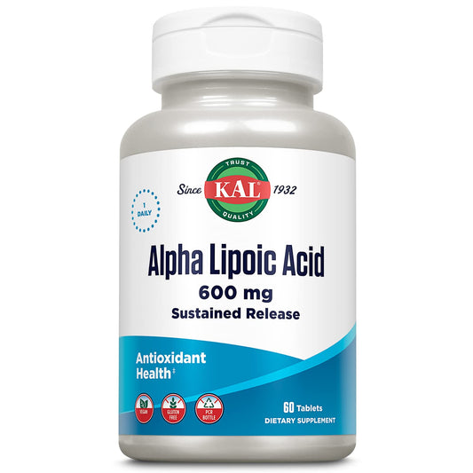Close-up of KAL Alpha Lipoic Acid SR Tablets bottle and label