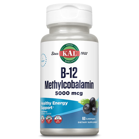 Front view of KAL Vitamin B-12 lozenges with acai flavor and 60 servings