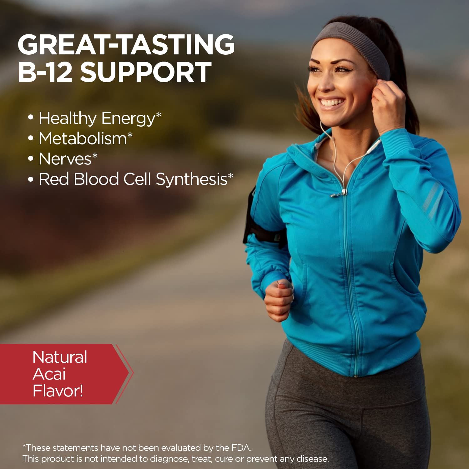 Graphic illustrating energy and metabolism support from B-12 lozenges